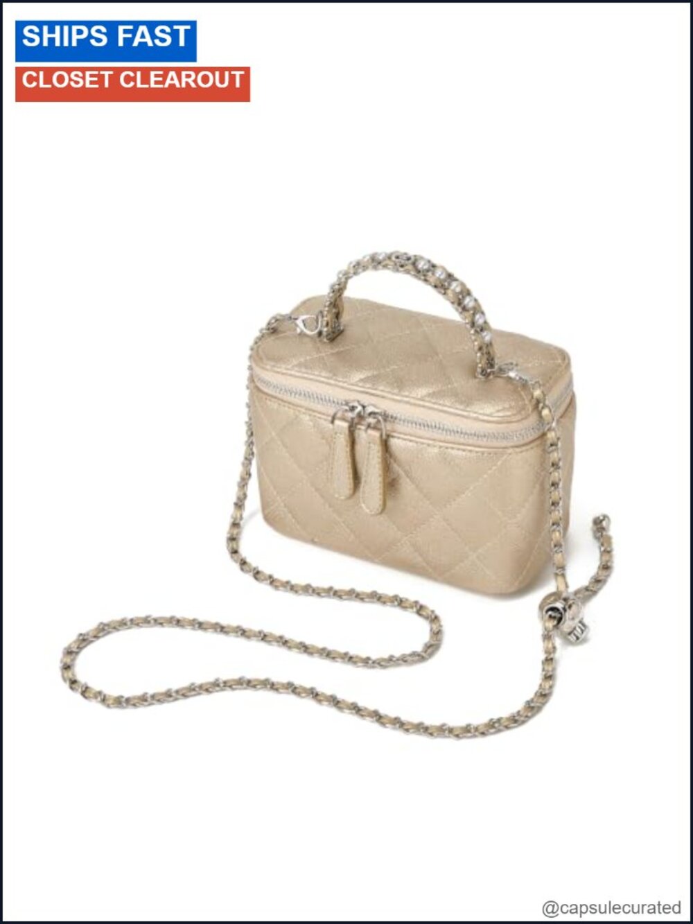 Quilted Vanity Bag Mini Box Crossbody Purse with Pearl Chain Top Handle